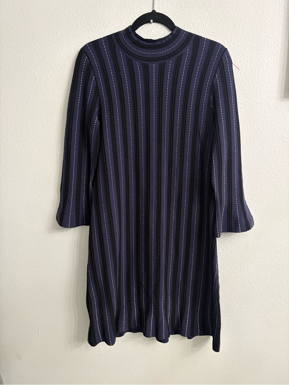 Ann Taylor Stitch Striped Mock Neck 3/4 Flare Sleeve Sweater Dress Size S